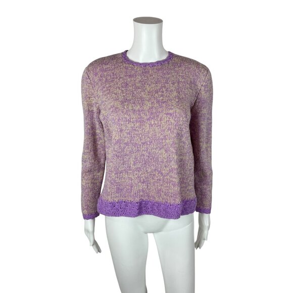 Vintage Sweaters - Vintage 60s Crochet Sweater Womens Medium Purple Cream Handmade Pullover